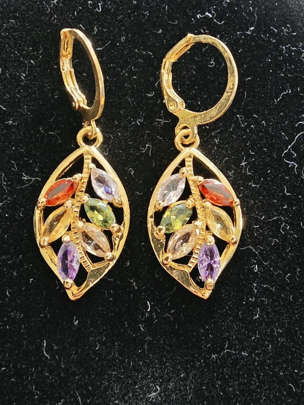 Marquise Simulated Rainbow Leaf Drop Dangle Leverback Earring Yellow Gold Plated